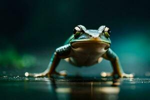 ein Frosch ist Stehen auf ein nass Oberfläche. KI-generiert foto