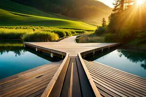 ein hölzern Brücke Über ein See im das Mitte von ein Grün Feld. KI-generiert foto