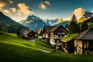 ein schön Berg Dorf mit Grün Gras und Berge. KI-generiert foto