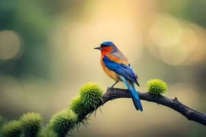 ein Blau und Orange Vogel ist Sitzung auf ein Ast. KI-generiert foto