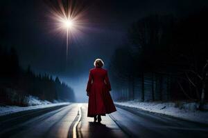 ein Frau im ein rot Mantel Spaziergänge Nieder ein schneebedeckt Straße beim Nacht. KI-generiert foto