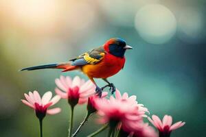 ein bunt Vogel sitzt auf oben von etwas Rosa Blumen. KI-generiert foto