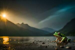 ein Frosch sitzt auf das Ufer von ein See beim Sonnenuntergang. KI-generiert foto