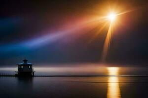 ein Leuchtturm steht auf das Ufer von ein See beim Nacht. KI-generiert foto