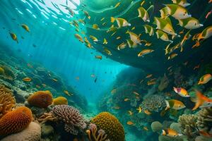 ein unter Wasser Szene mit viele Fisch und Koralle. KI-generiert foto