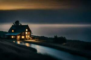 ein Haus sitzt auf das Kante von ein Hügel mit Blick auf das Ozean. KI-generiert foto