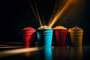 drei Eimer von Popcorn mit ein Licht leuchtenden auf ihnen. KI-generiert foto