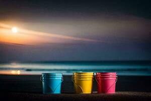 drei bunt Eimer auf das Strand beim Sonnenuntergang. KI-generiert foto