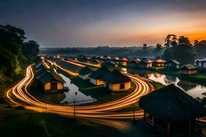 ein lange Exposition fotografieren von ein Dorf beim Sonnenuntergang. KI-generiert foto