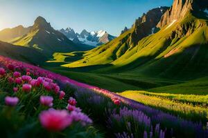 das Sonne scheint auf das Blumen im das Berge. KI-generiert foto