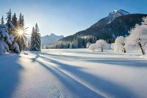 Foto Hintergrund das Himmel, Schnee, Bäume, Berge, Sonne, Bäume, Bäume, Bäume,. KI-generiert