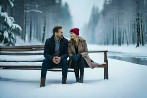 ein Mann und Frau Sitzung auf ein Bank im das Schnee. KI-generiert foto