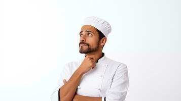 ein Mexikaner männlich Koch sieht aus zu das links im ein Denken Pose ai generiert foto