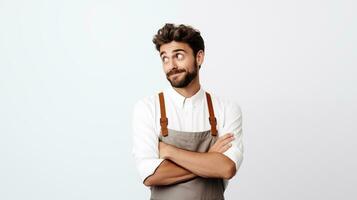 ein Italienisch männlich Barista sieht aus zu das links im ein Denken Pose ai generiert foto