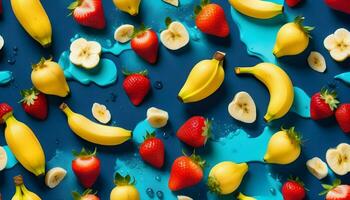 Bananen Erdbeeren und Bananen im Blau Wasser auf ein Blau Hintergrund foto