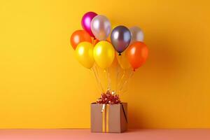 bunt Luftballons Bündel gebunden mit ein Geschenk Box auf ein Gelb Mauer Hintergrund mit Kopieren Raum. Geburtstag, Hochzeit, Party oder Feier Konzept. generiert ai. foto