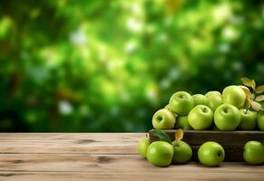hölzern Tabelle mit Grün Äpfel Früchte und kostenlos Raum auf Natur verschwommen Hintergrund. generiert ai. foto