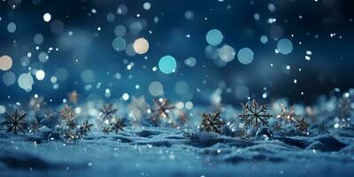 Winter dunkel Banner mit Schnee, Schneeflocken, schön Makro Schuss auf das Marine Blau Hintergrund. foto