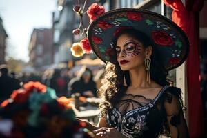 schön Nahansicht Porträt von jung Frau im traditionell Calavera catrina Outfit und bilden zum das Tag von das tot beim das National Mexikaner Festival. ai generiert foto