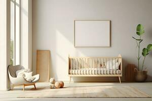 rechteckig Rahmen Poster Attrappe, Lehrmodell, Simulation, auf Licht Beton Mauer im Leben Innere von ein Baby Zimmer, mit modern Boho Möbel und mit Baby Kinderbett, skandinavisch Stil Innere Dekoration. generiert ai. foto