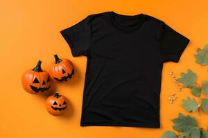 schwarz Damen T-Shirt Halloween Attrappe, Lehrmodell, Simulation mit Kürbisse und Blätter auf Orange Hintergrund. Design t Hemd Vorlage, drucken Präsentation spotten hoch. oben Aussicht eben legen. generiert ai. foto