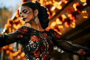 schön Nahansicht Porträt von jung Frau im traditionell Calavera catrina Outfit und bilden zum das Tag von das tot, Tanzen beim das National Mexikaner Festival. ai generiert foto