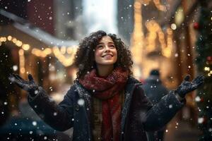 jung Frau auf Weihnachten Markt mit schneebedeckt Wetter, genießt Winter Urlaub Wetter. ai generiert foto