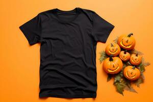 schwarz Damen T-Shirt Halloween Attrappe, Lehrmodell, Simulation mit Kürbisse und Blätter auf Orange Hintergrund. Design t Hemd Vorlage, drucken Präsentation spotten hoch. oben Aussicht eben legen. generiert ai. foto