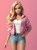 Barbie Puppe süß blond Mädchen Rosa Outfit Rosa Hintergrund ai generativ foto