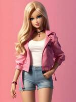 Barbie Puppe süß blond Mädchen Rosa Outfit Rosa Hintergrund ai generativ foto