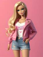 Barbie Puppe süß blond Mädchen Rosa Outfit Rosa Hintergrund ai generativ foto