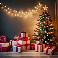 Geschenk Geschenk Kisten um Weihnachten dekoriert Baum im ein Zimmer foto
