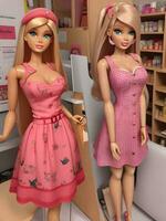 Barbie Puppe süß blond Mädchen Rosa Outfit Rosa Hintergrund ai generativ foto