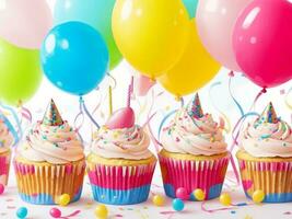 Geburtstag Cupcakes mit Hintergrund von bunt Luftballons ai generativ foto