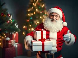 Santa claus mit ein Geschenk Geschenk Box im das Zimmer mit Weihnachten Baum Hintergrund - - generiert Bild foto