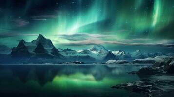 Aurora Borealis Über schneebedeckt Berge beim Nacht. 3d Rendern generativ ai foto