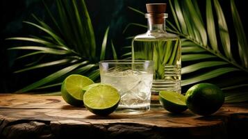 Tequila mit Limette und Eis im ein Glas auf ein hölzern Tabelle generativ ai foto