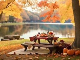 das Erntedankfest Herbst und Kürbis Blätter fallen ai generativ foto