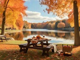 das Erntedankfest Herbst und Kürbis Blätter fallen ai generativ foto