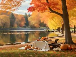 das Erntedankfest Herbst und Kürbis Blätter fallen ai generativ foto