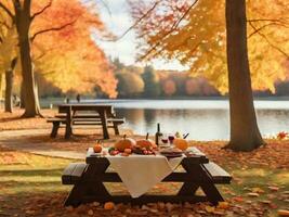 das Erntedankfest Herbst und Kürbis Blätter fallen ai generativ foto