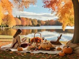 das Erntedankfest Herbst und Kürbis Blätter fallen ai generativ foto