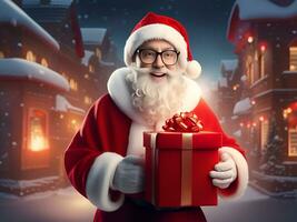 Santa claus mit ein Geschenk Geschenk Box mit Winter Schnee Dorf Hintergrund - - generiert Bild foto