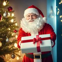 Santa claus mit ein Geschenk Geschenk Box im das Zimmer mit Weihnachten Baum Hintergrund - - generiert Bild foto
