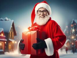 Santa claus mit ein Geschenk Geschenk Box mit Winter Schnee Dorf Hintergrund - - generiert Bild foto