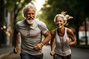 Paar Mann und Ehefrau sind Joggen. gesund Paar Joggen im Natur. generativ ai foto