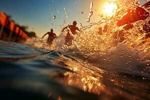 Porträt von Menschen sind spielen im das Wasser Schwimmbad. Menschen springen in das Schwimmbad. Wasser Spritzen bewirken auf Kamera. generativ ai foto