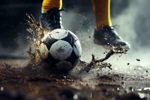 Foto schließen oben von Fuß Tritte das Ball. Bein im Stiefel spielen Fußball im ein schlammig Feld. Fußball Kinder Spieler mit Ball. generativ ai