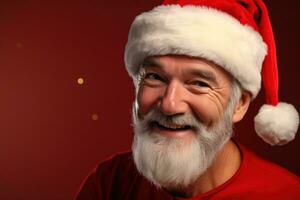 Porträt von ein Senior Mann im Santa claus Hut auf ein rot Hintergrund. generativ ai foto