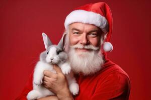 Porträt von Santa claus mit ein Weiß Hase auf ein rot Hintergrund generativ ai foto